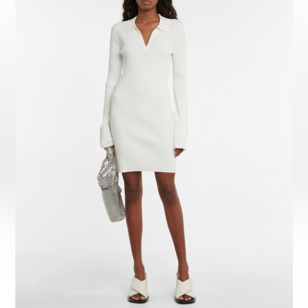 HELMUT LANG Ribbed Knit Polo Collared Mini Dress White Size Small